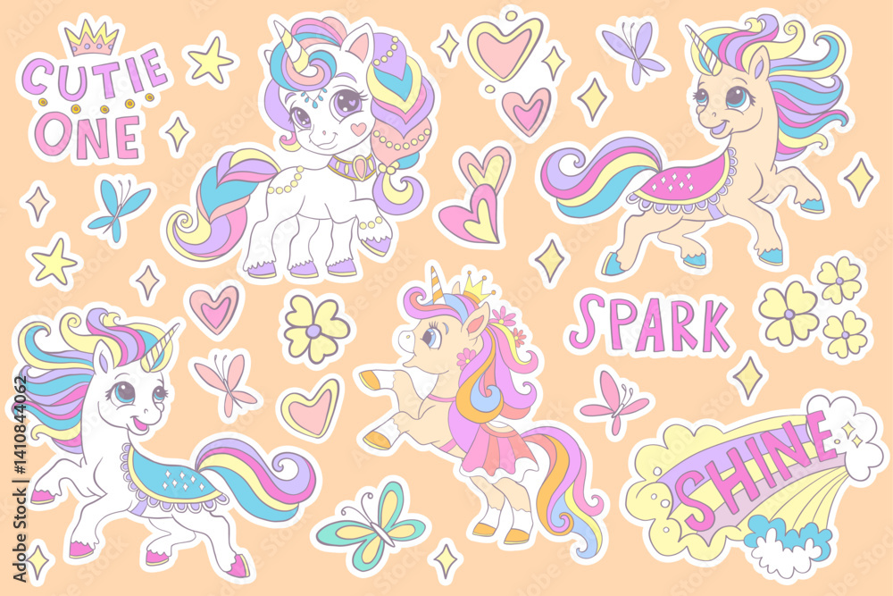 Collection of cartoon funny unicorns and magic elements isolated on a background. Vector illustration. For sticker pack, print, posters, design, decoration, linen, dishes, t-shirt and kids apparel Collection of cartoon funny unicorns and magic elements isolated on a background. Vector illustration. For sticker pack, print, posters, design, decoration, linen, dishes, t-shirt and kids apparel