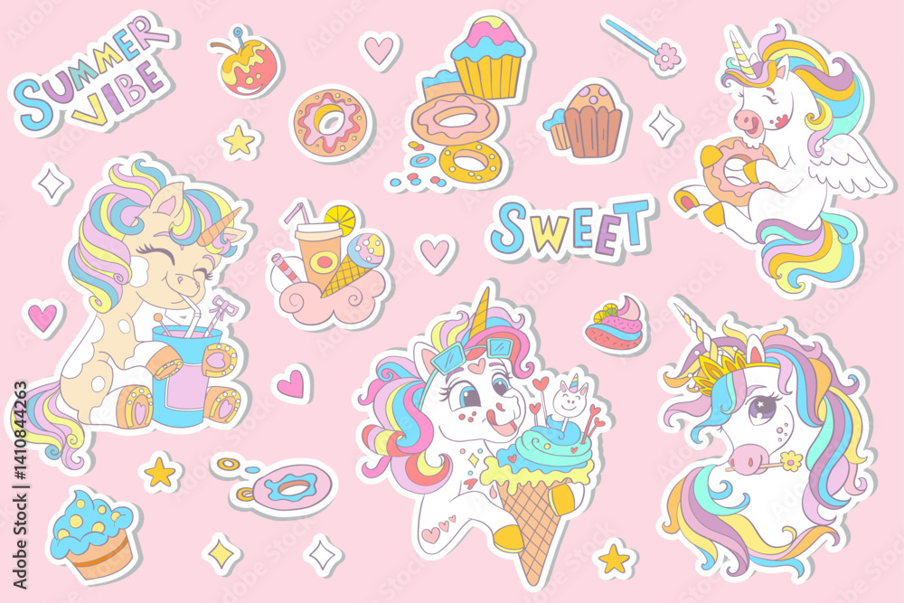 Collection of cartoon funny unicorns and magic elements isolated on a background. Vector illustration. For sticker pack, print, posters, design, decoration, linen, dishes, t-shirt and kids apparel Collection of cartoon funny unicorns and magic elements isolated on a background. Vector illustration. For sticker pack, print, posters, design, decoration, linen, dishes, t-shirt and kids apparel