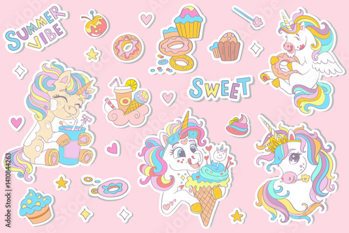 Collection of cartoon funny unicorns and magic elements isolated on a background. Vector illustration. For sticker pack, print, posters, design, decoration, linen, dishes, t-shirt and kids apparel