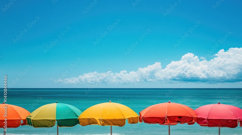 A colorful row of beach umbrellas set up along the shore, with vibrant colors contrasting against the clear blue sky and ocean.