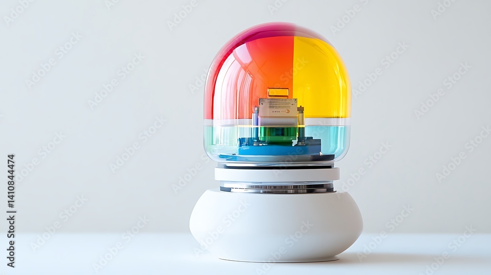 A colorful retro gadget encapsulated in a white dome, symbolizing automation and AI integration, isolated on a white background