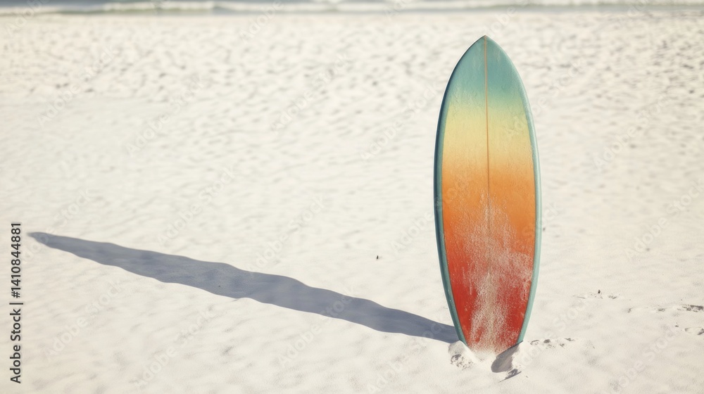 A colorful surfboard stands alone on the pristine white sand, creating the perfect beach scene for a summer getaway.