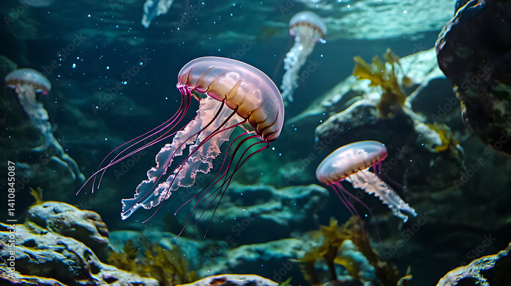 Fototapeta premium A jellyfish is swimming in the ocean. Generated using AI.