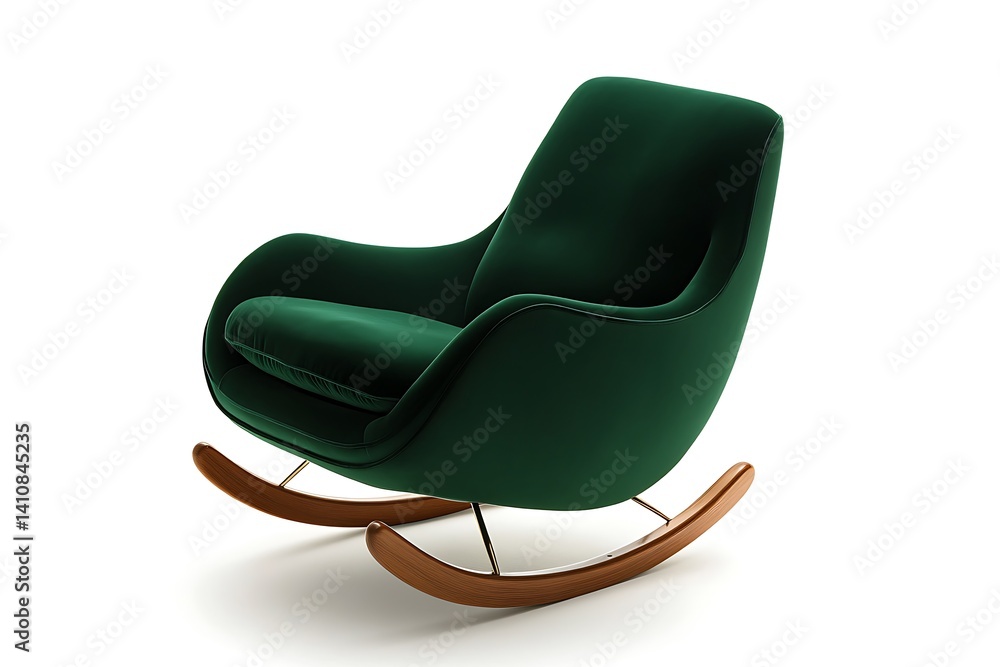 A contemporary green rocking armchair, isolated on a white background for a serene, minimalist interior setting.