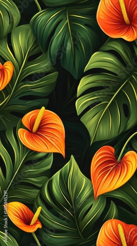 Wallpaper Mural Floral harmony: tropical leaf, exotic pattern, bold composition, geometric bloom, vivid artwork, decorative design, modern foliage, lush aesthetic, abstract illustration, striking style. Torontodigital.ca