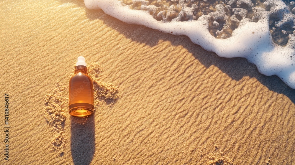 A creative mockup of a cosmetic product or tanning oil, placed on the sunlit beach sand with waves gently lapping at the shore.