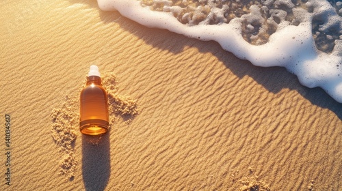 A creative mockup of a cosmetic product or tanning oil, placed on the sunlit beach sand with waves gently lapping at the shore.