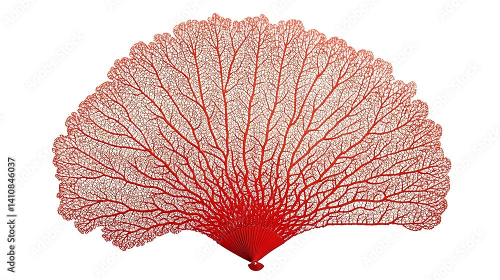 A decorative red coral fan, intricately designed and isolated on a white background for a unique home decor piece.
