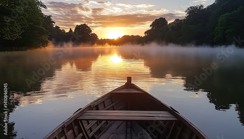 Serene Sunrise River Boat: Golden Hour Mist Over Calm Water