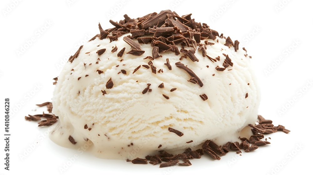 A delicious scoop of vanilla ice cream, topped with chocolate shavings, isolated on a white background