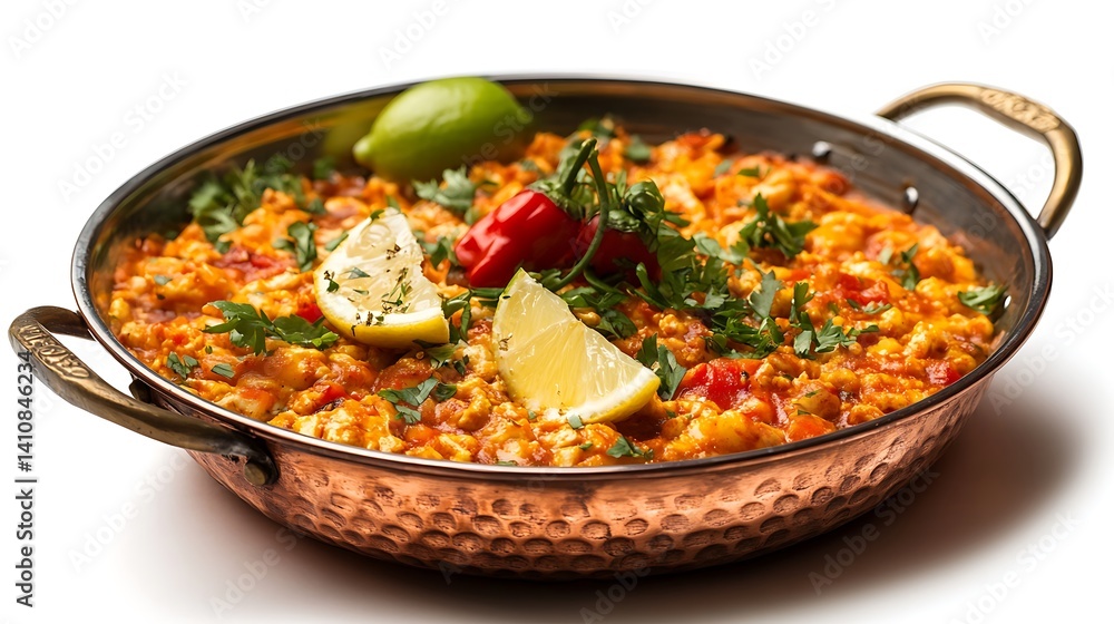 A delicious Turkish menemen, presented in a traditional copper pan, isolated against a white background with an elegant food photography style