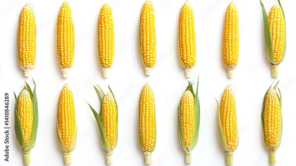 A detailed high-resolution image of corn in multiple stages, isolated on a white background, ideal for food photography and educational content