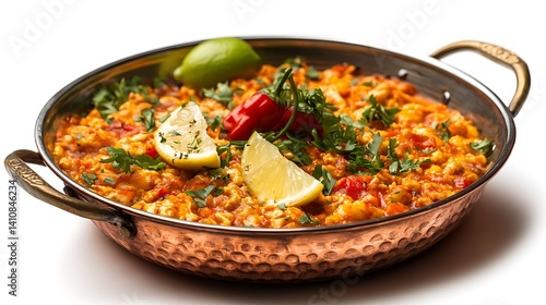 Obraz na płótnie A delicious Turkish menemen, presented in a traditional copper pan, isolated against a white background with an elegant food photography style w salonie