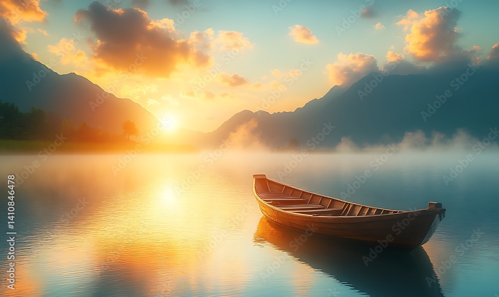 Serene Sunset Over Misty Lake With Small Wooden Boat Serene Sunset Over Misty Lake With Small Wooden Boat