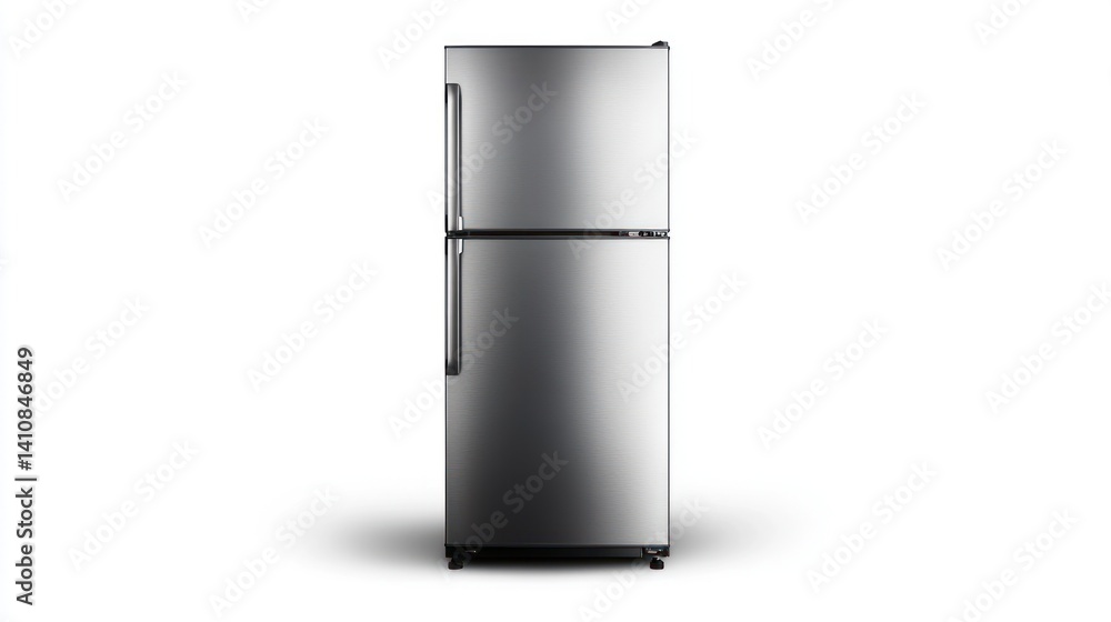 A double-door refrigerator with a silver metallic finish, isolated on a white background, styled in a raw, industrial manner