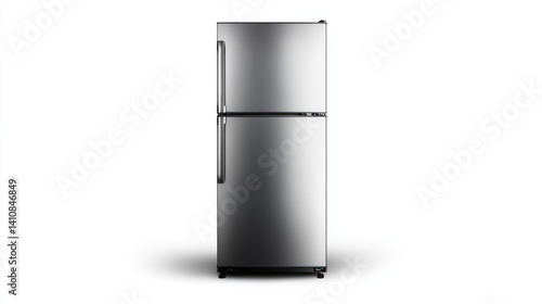 A double-door refrigerator with a silver metallic finish, isolated on a white background, styled in a raw, industrial manner