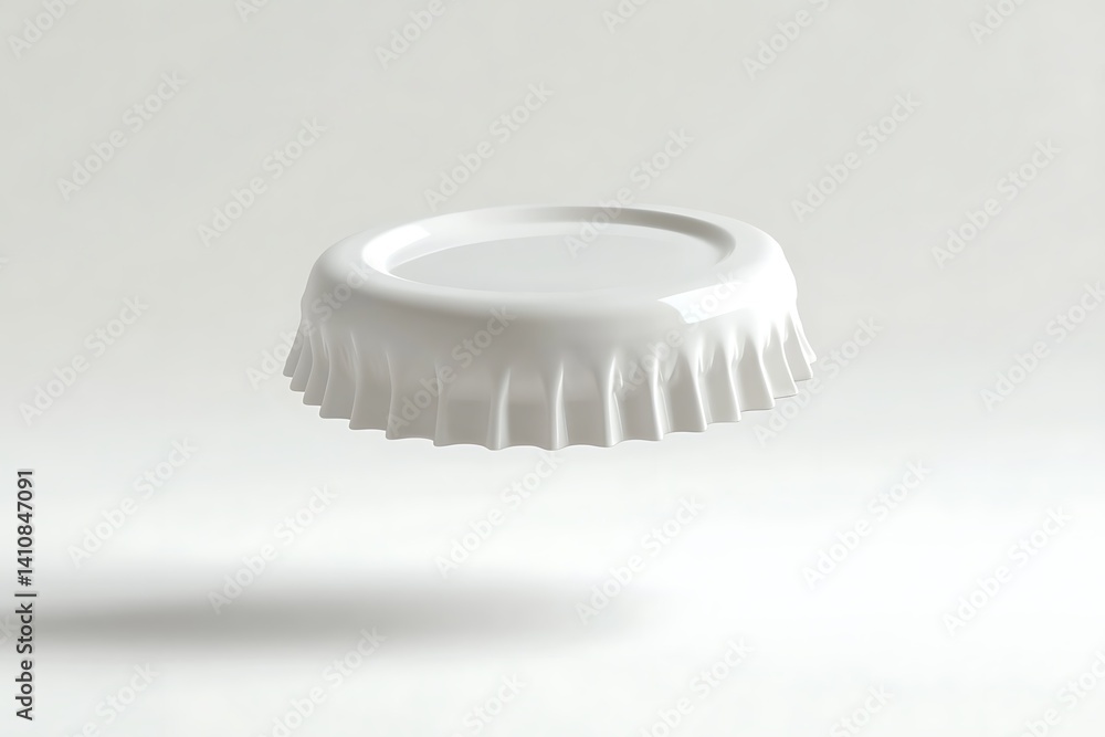 A floating white bottle cap with a ridged edge, typically used for sealing beverage bottles, isolated on a white background