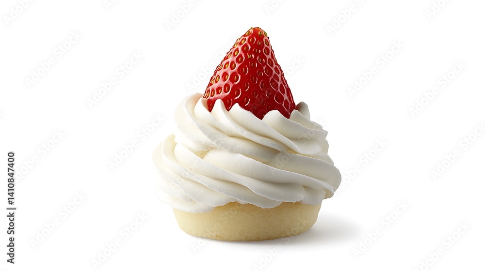 A fresh strawberry placed on top of whipped cream, isolated on a white background for a crisp and visually appealing food shot.