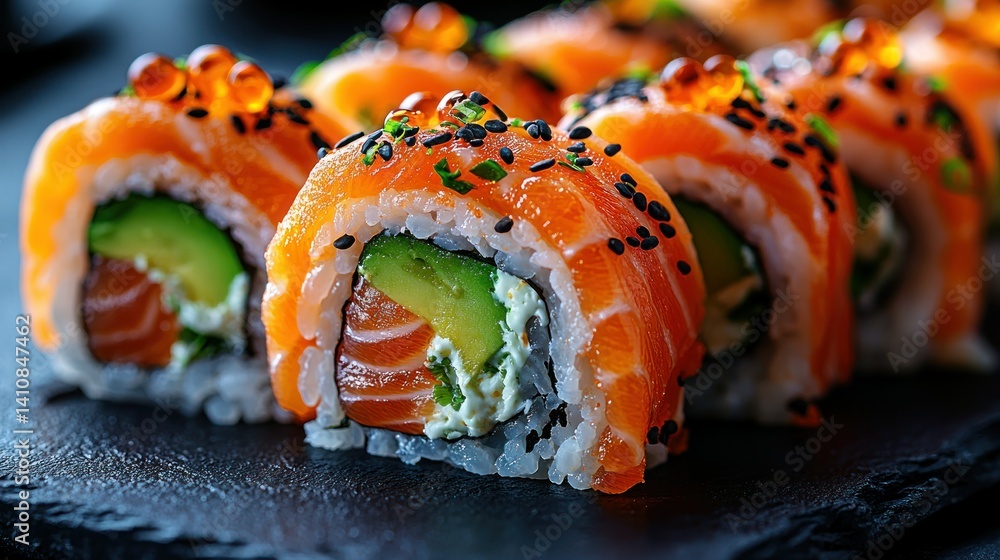 Sushi rolls salmon, avocado, cream cheese, caviar on rice, nori and slate Sushi rolls salmon, avocado, cream cheese, caviar on rice, nori and slate