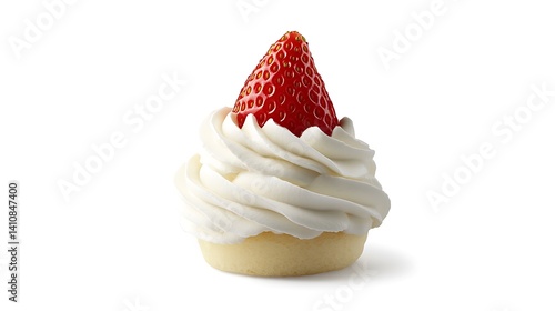 Obraz na płótnie A fresh strawberry placed on top of whipped cream, isolated on a white background for a crisp and visually appealing food shot. w salonie