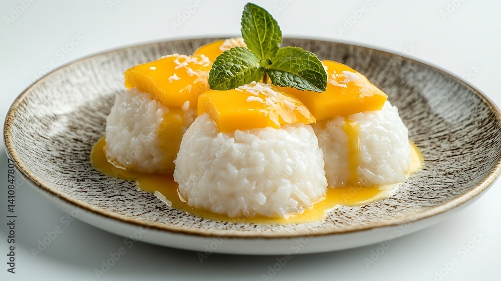 A front view of Khao Niew Mamuang (mango sticky rice) with a drizzle of sweet coconut milk, presented elegantly on a traditional Thai dessert plate against a white background
