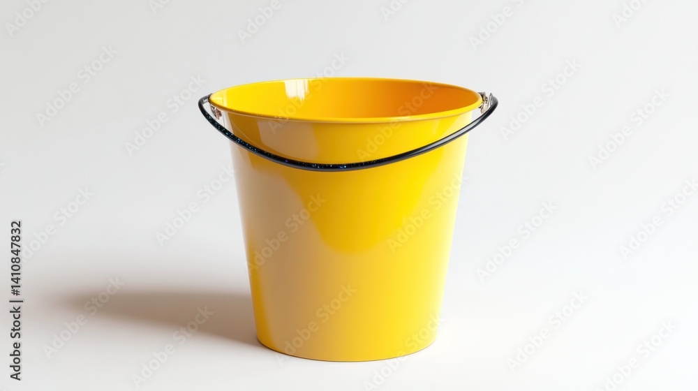 A futuristic yellow bucket with a sleek black metallic handle and holographic accents, isolated on a pristine white background in 3D rendering.
