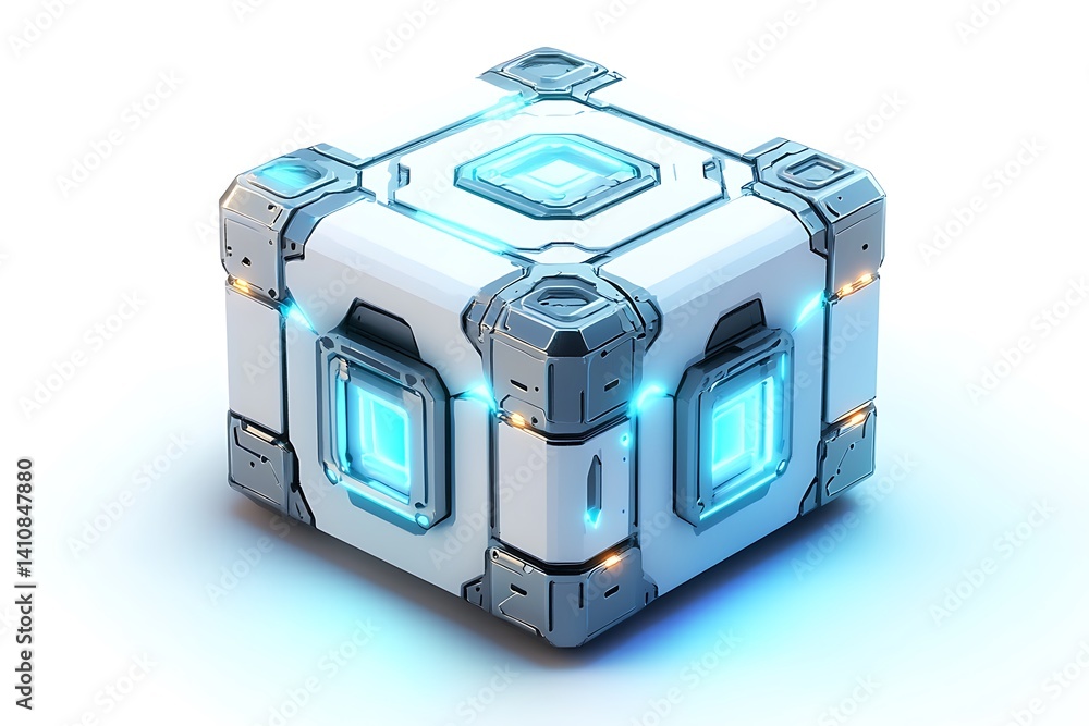 A futuristic cube with glowing elements, designed as a game item or resource container, isolated on a white background for a sci-fi aesthetic