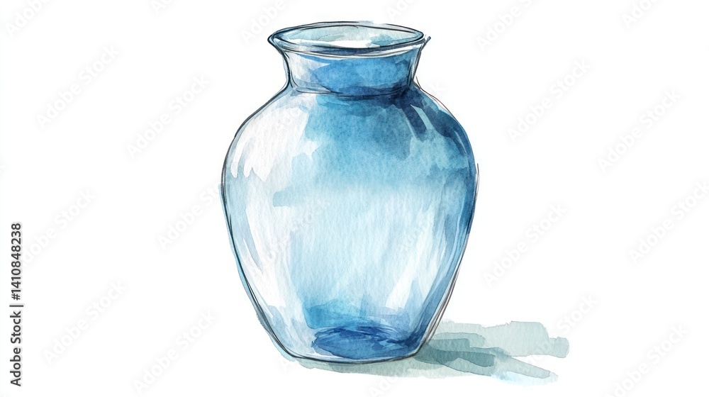 A hand-drawn watercolor illustration of an empty glass vase, evoking a cozy home decor feeling, isolated on a white background.