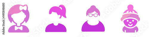 Colorful gradient silhouette avatar of baby boy in winter hat,  young woman with ponytail, little girl with haircut and bow, with diagonal design for creative profiles and digital identities