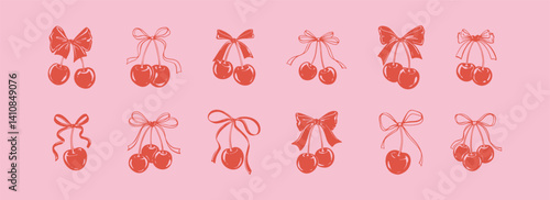 Set of hand drawn doodle cherry with cute bow ribbon. Coquette love pink and red graphic print. Handwritting vintage girly vector illustration. Aesthetic Valentines day retro design elements