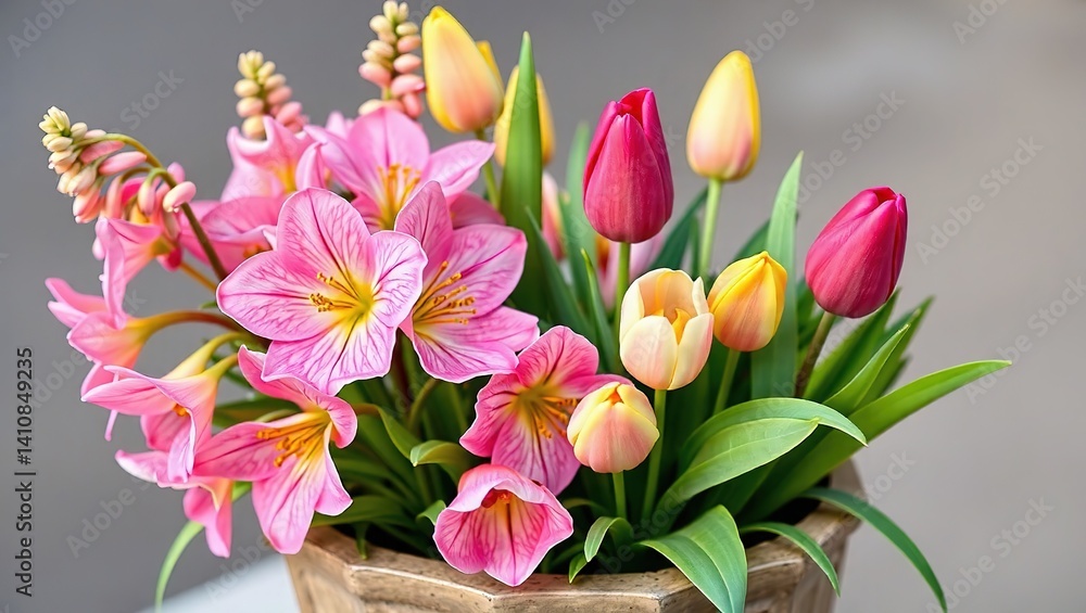 Obraz premium Pink and Gold Aquilegia and Tulips in Hexagon Planter, Spring Floral Arrangement, Copy Space