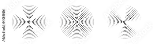 A set of black sound wave rings, of interrupted lines and dots . Rings with radial lines. Target icon, epicenter.  Concentric vortex circles. Vector illustration