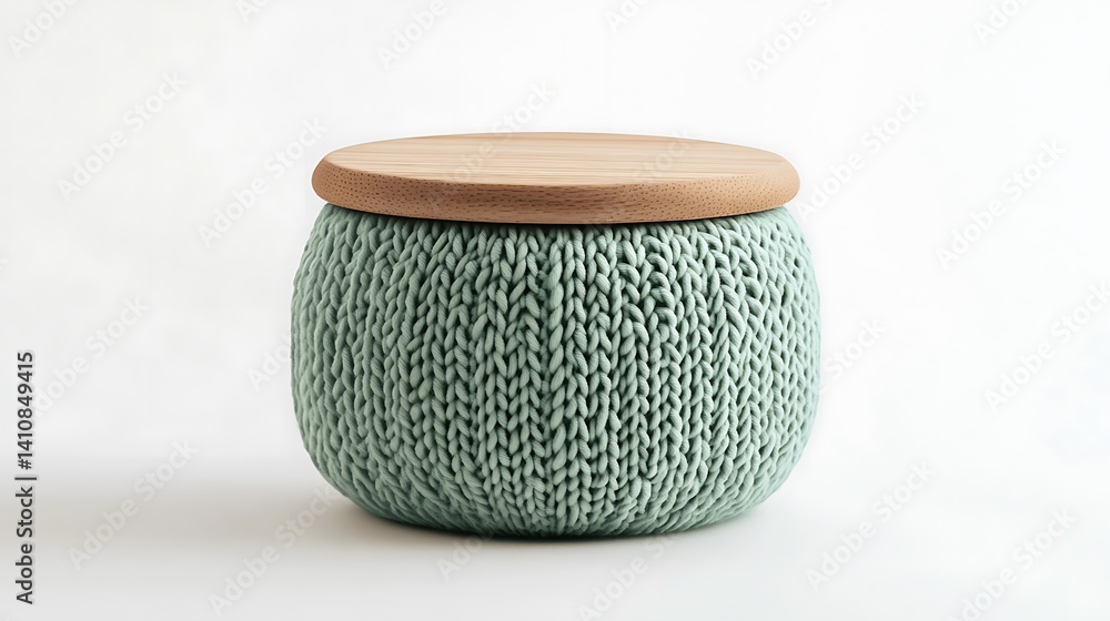 A light green knitted container with a wooden lid, isolated on a white background, captured with soft lighting to highlight its texture.