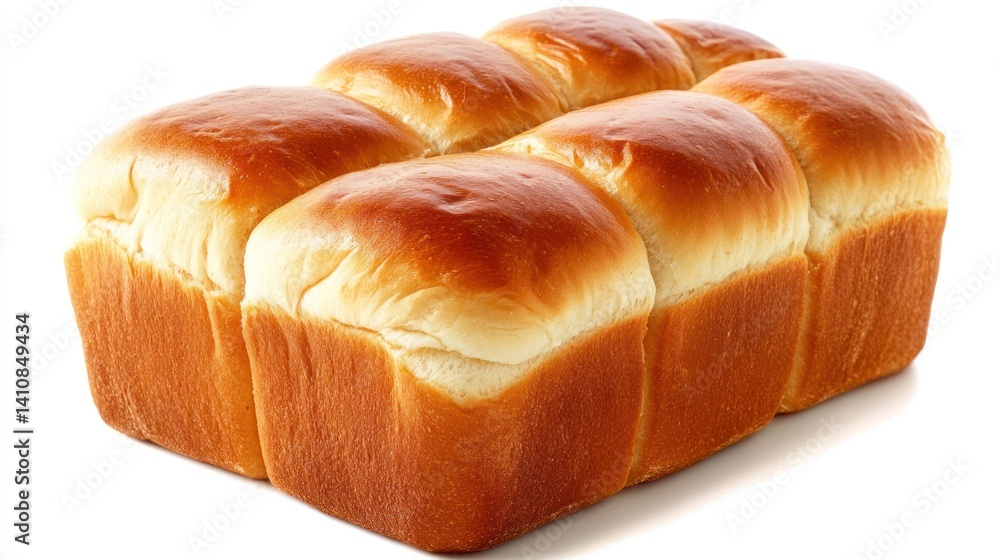 A loaf of bread, isolated on a white background, showcasing the golden crust and soft interior in food photography