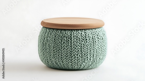 Obraz na płótnie A light green knitted container with a wooden lid, isolated on a white background, captured with soft lighting to highlight its texture. w salonie