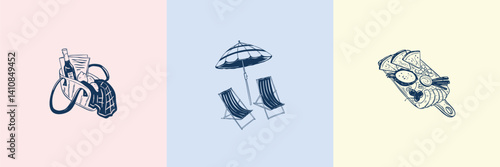 Set of hand drawn doodle summer seaside vacation prints. Italian, French, Greek travelling. Vintage sketch illustration. Crayon charcoal whimsical minimalist drawing. Mediterranean background