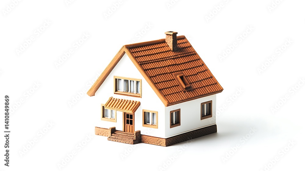 A miniature white house with a wooden roof and windows, isolated on a white background for a charming touch.