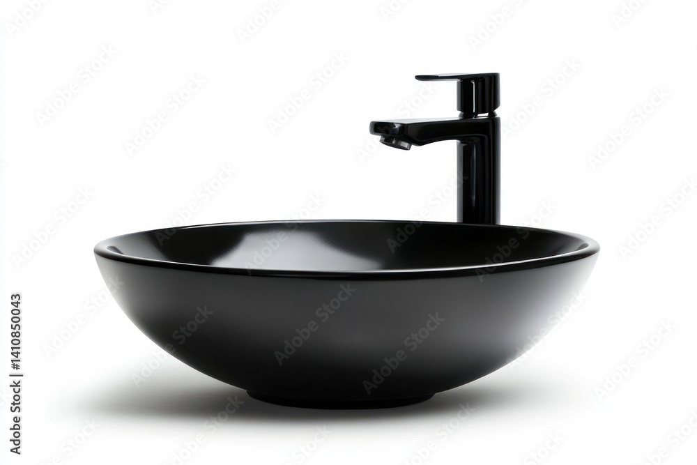A minimalist black vessel sink with a modern faucet, isolated on a white background, perfect for bathroom product photography.