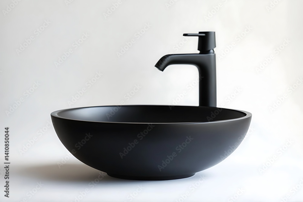 A minimalist black vessel sink with a modern faucet, isolated on a white background, perfect for bathroom product photography.