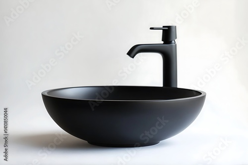 Obraz na płótnie A minimalist black vessel sink with a modern faucet, isolated on a white background, perfect for bathroom product photography. w salonie