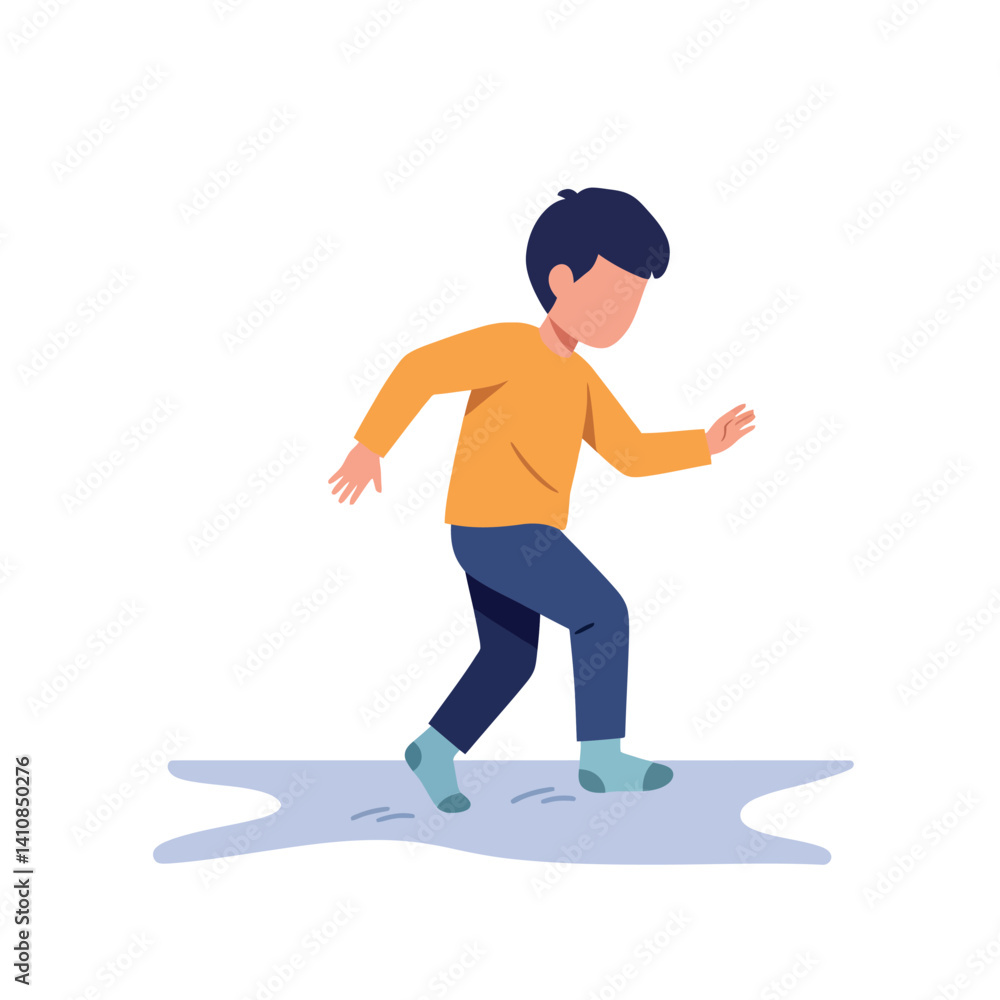 Fototapeta premium Young boy wearing orange sweater carefully walking on icy puddle in minimal flat design vector illustration