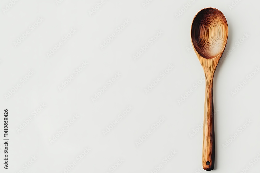 A minimalist wooden spoon isolated on a white background, perfect for kitchen utensil photography
