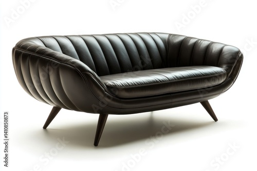 A modern black leather sofa, isolated on a white background, showcasing minimalist design with comfortable elegance