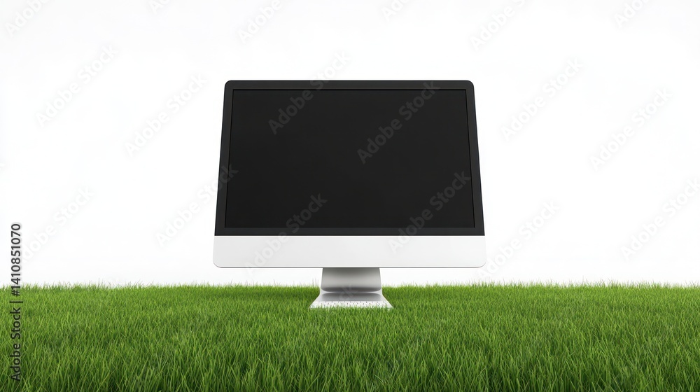 A modern designer desktop setup with a blank computer screen and office items, isolated on a white background for a clean, professional look