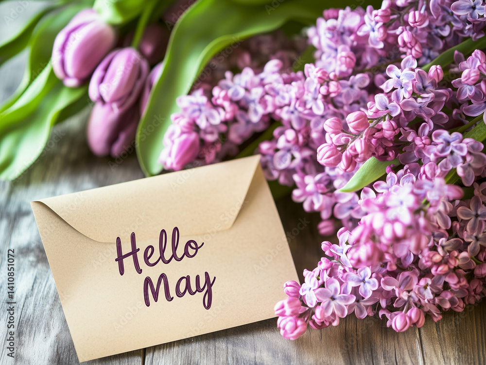 Bouquet of Lilacs and Tulips with Greeting Card on Wood Bouquet of Lilacs and Tulips with Greeting Card on Wood