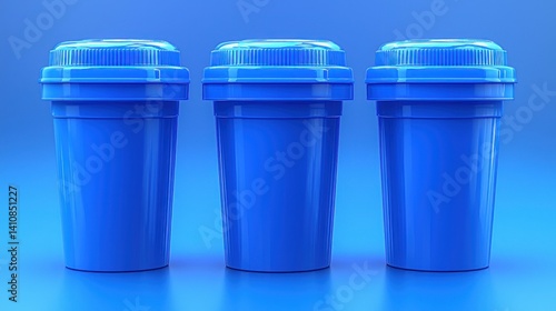 Wallpaper Mural Three blue drink cups with lids, standing against a blue background Torontodigital.ca