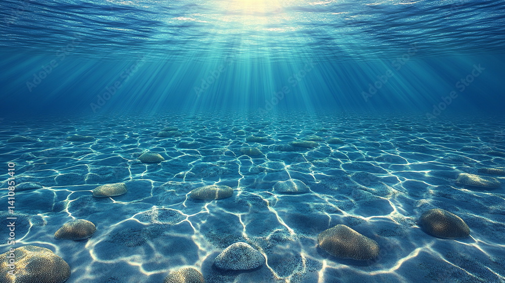 Fototapeta premium Underwater Sunlight Through Water, Pebbles, Sunlight, Ocean Floor, Peaceful, Calm, Natural Scenery, High Resolution Image