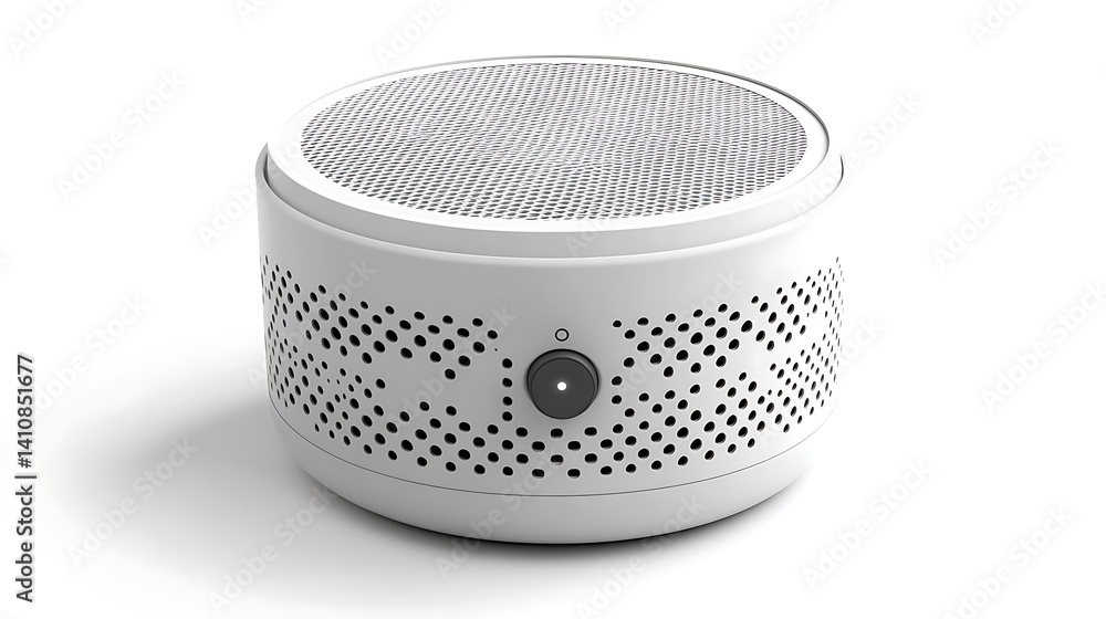 A modern white portable speaker, featuring a perforated design, isolated on a white background for a clean, minimal look