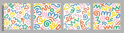 Collection of retro 80s, 90s colorful vector seamless patterns. Doodle fun kid backgrounds. Childish cool geometric design useful for fabric, textile, cover, banner, label, print, wrapping, wallpaper	