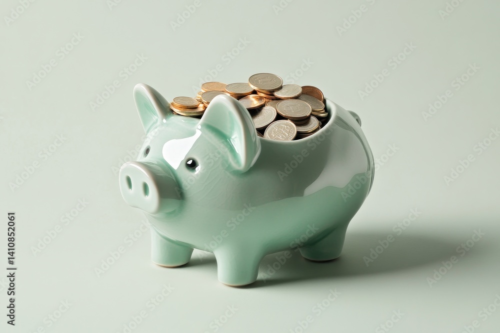 A piggy bank overflowing with coins, set against a soft, light green background, symbolizing prosperity and savings.